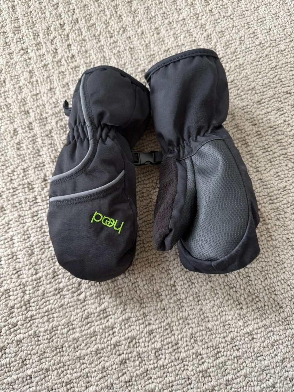 Head Black Kids Mittens with Green Logo